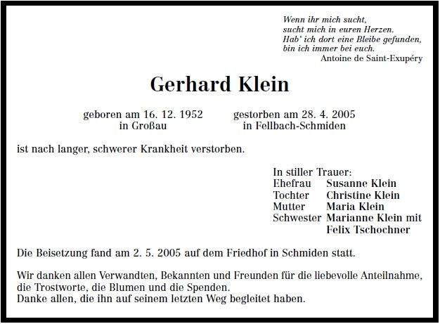 Klein Gerhard 1952-2005 Todesanzeige